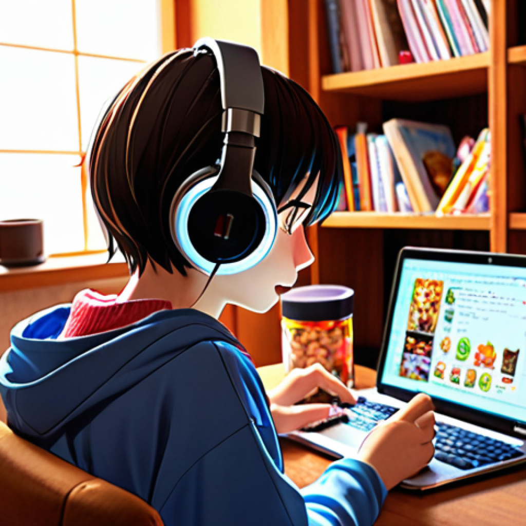 **Image Prompt:** A young person wearing headphones, sitting in a cozy room filled with manga and Japanese snacks, intently watching anime on a laptop. Subtitles are visible but blurred, focus on the character's engaged expression and the colorful anime scene. Atmosphere: warm and inviting, emphasizing the joy of immersive learning.