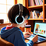 **Image Prompt:** A young person wearing headphones, sitting in a cozy room filled with manga and Japanese snacks, intently watching anime on a laptop. Subtitles are visible but blurred, focus on the character's engaged expression and the colorful anime scene. Atmosphere: warm and inviting, emphasizing the joy of immersive learning.
