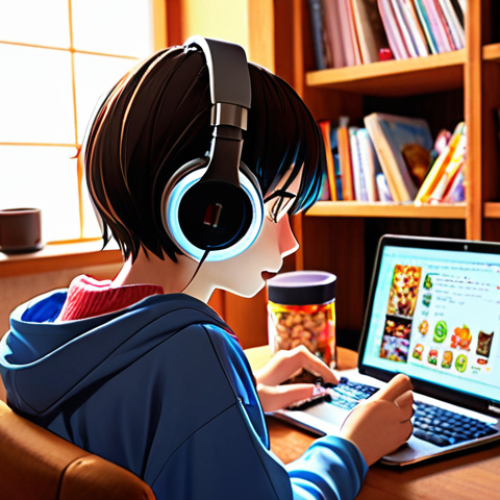 Home 11 **Image Prompt:** A young person wearing headphones, sitting in a cozy room filled with manga and Japanese snacks, intently watching anime on a laptop. Subtitles are visible but blurred, focus on the character's engaged expression and the colorful anime scene. Atmosphere: warm and inviting, emphasizing the joy of immersive learning.