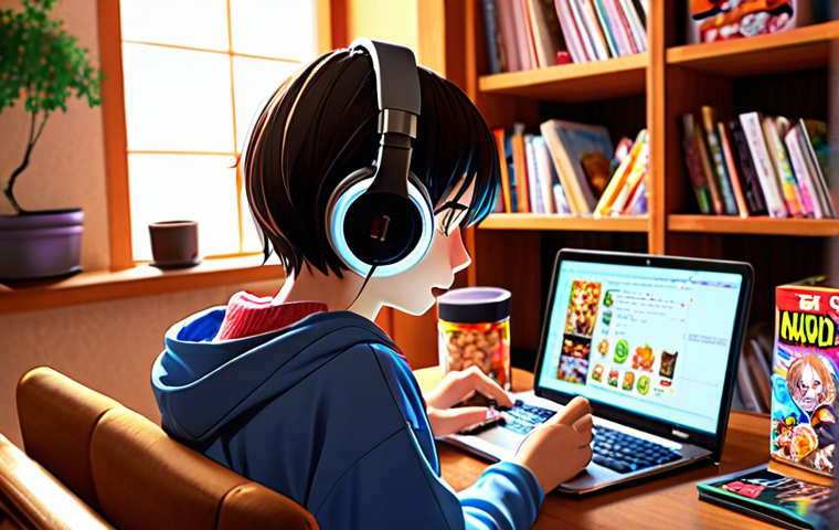 **Image Prompt:** A young person wearing headphones, sitting in a cozy room filled with manga and Japanese snacks, intently watching anime on a laptop. Subtitles are visible but blurred, focus on the character's engaged expression and the colorful anime scene. Atmosphere: warm and inviting, emphasizing the joy of immersive learning.