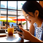 **

A person happily using a language learning app on their smartphone while sitting in a vibrant, modern cafe in Rio de Janeiro. The app displays flashcards with Japanese vocabulary, and the user is clearly engaged with the gamified interface, earning points and badges. Sunlight streams in through the window, highlighting the scene.

**