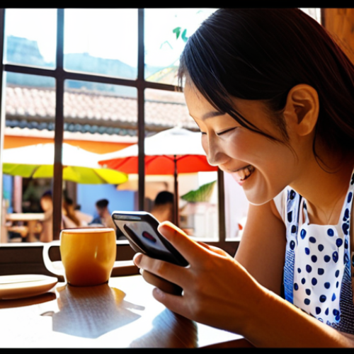 Home 6 **
A person happily using a language learning app on their smartphone while sitting in a vibrant, modern cafe in Rio de Janeiro. The app displays flashcards with Japanese vocabulary, and the user is clearly engaged with the gamified interface, earning points and badges. Sunlight streams in through the window, highlighting the scene.
**