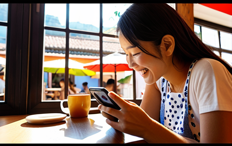 **
A person happily using a language learning app on their smartphone while sitting in a vibrant, modern cafe in Rio de Janeiro. The app displays flashcards with Japanese vocabulary, and the user is clearly engaged with the gamified interface, earning points and badges. Sunlight streams in through the window, highlighting the scene.
**