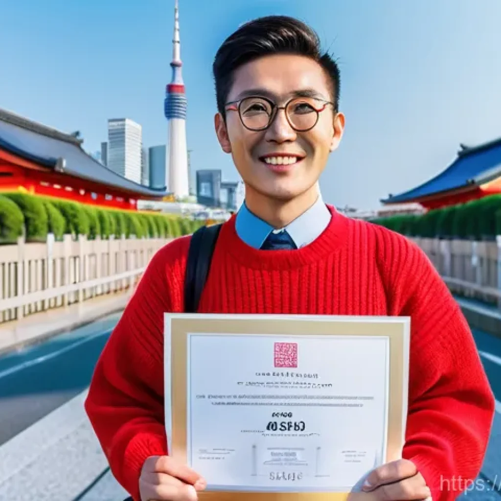 JLPT 취득 후 일본 국내 거주 방법 - **Prompt 1: Celebrating a New Beginning in Japan**
A vibrant, medium shot of a young adult, appr...