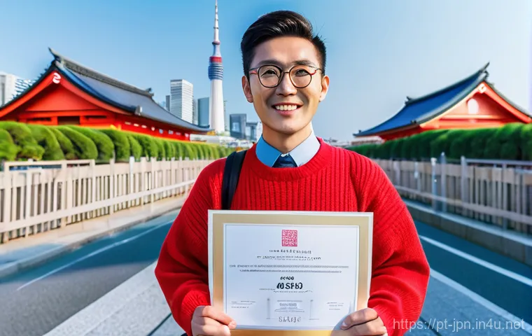 JLPT 취득 후 일본 국내 거주 방법 - **Prompt 1: Celebrating a New Beginning in Japan**
A vibrant, medium shot of a young adult, appr...