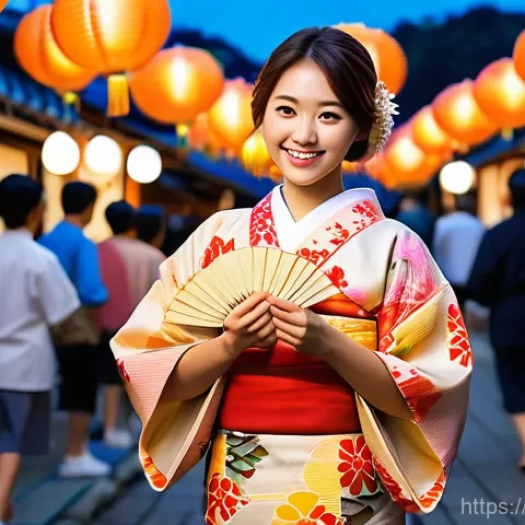 JLPT 취득 후 일본 문화 이해하기 - **Japanese Summer Festival Immersion:** A joyful, vibrant scene depicting a young woman (in her earl...