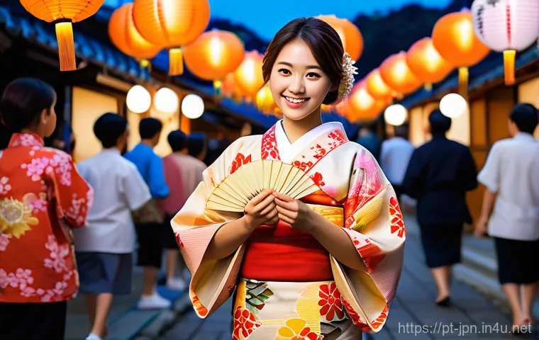 JLPT 취득 후 일본 문화 이해하기 - **Japanese Summer Festival Immersion:** A joyful, vibrant scene depicting a young woman (in her earl...