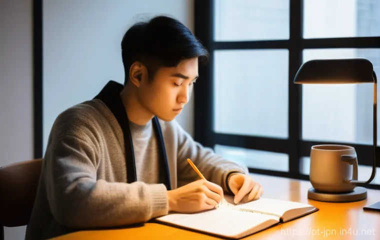 JLPT 시험의 주요 변화와 대비책 - A focused and determined young adult (20s), of diverse ethnicity, is deeply engrossed in studying fo...