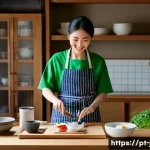 JLPT 취득 후 일본 문화 콘텐츠 제작 사례 - **Prompt 1: Authentic Culinary Journey - A Cozy Kitchen Learning Experience**
A bright, warm-ton...
