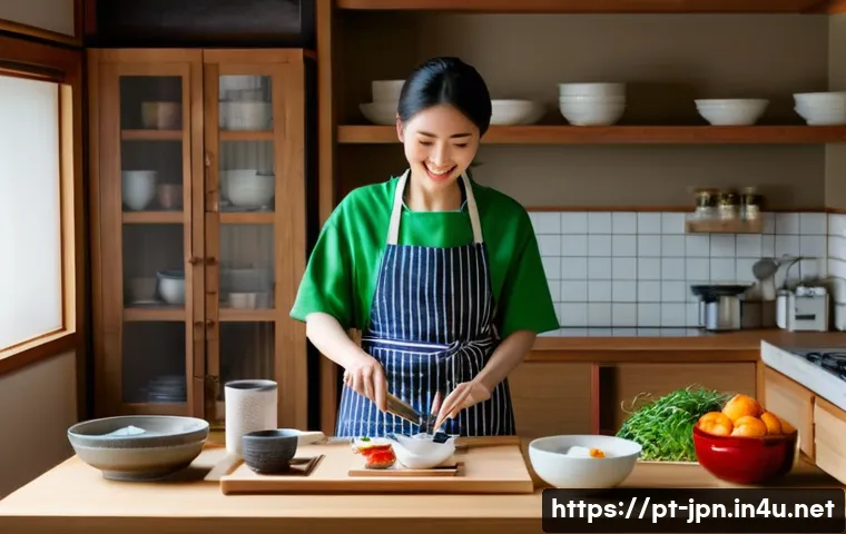 JLPT 취득 후 일본 문화 콘텐츠 제작 사례 - **Prompt 1: Authentic Culinary Journey - A Cozy Kitchen Learning Experience**
A bright, warm-ton...