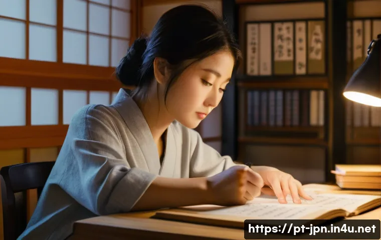 JLPT와 일본 기업 문화 적응법 - A young woman in her late twenties, with a determined yet thoughtful expression, is deeply engrossed...