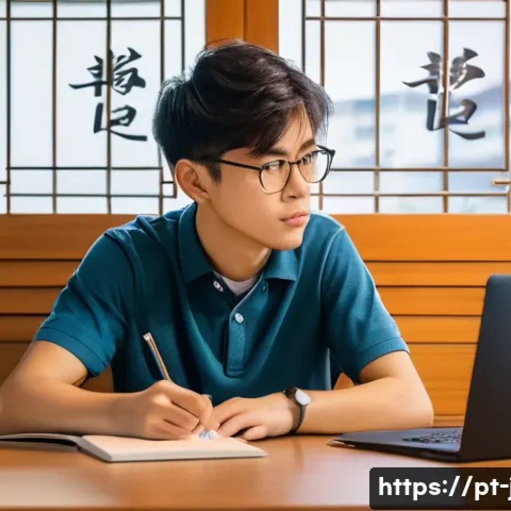 JLPT 시험 응시자가 자주 묻는 질문들 - A focused young adult studying Japanese at a tidy desk filled with JLPT N3 and N2 textbooks, a lapto...