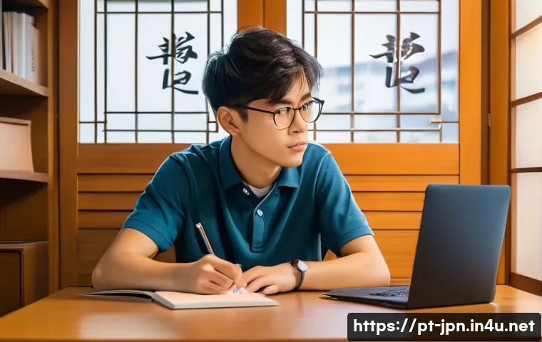 JLPT 시험 응시자가 자주 묻는 질문들 - A focused young adult studying Japanese at a tidy desk filled with JLPT N3 and N2 textbooks, a lapto...