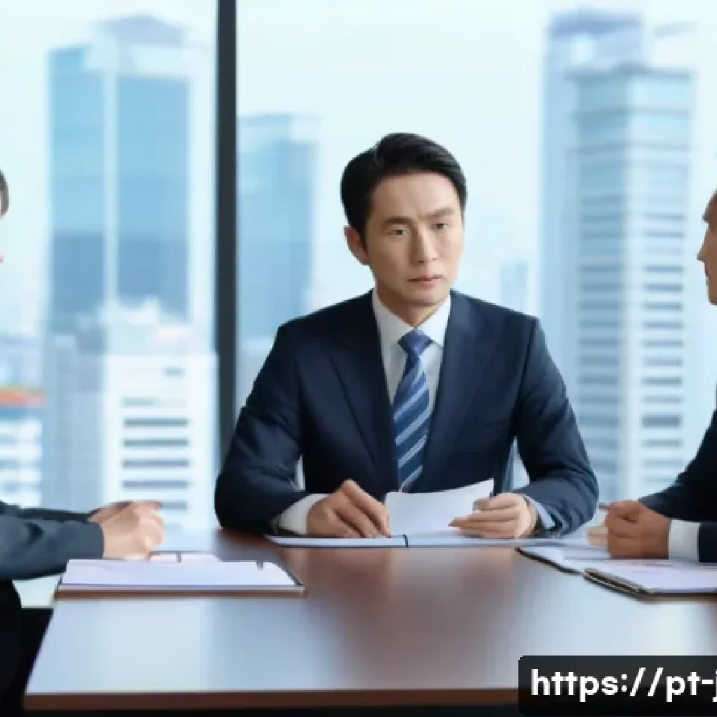 JLPT와 일본 내 글로벌 기업 취업 사례 - A professional Japanese corporate office scene depicting a diverse group of businesspeople in formal...
