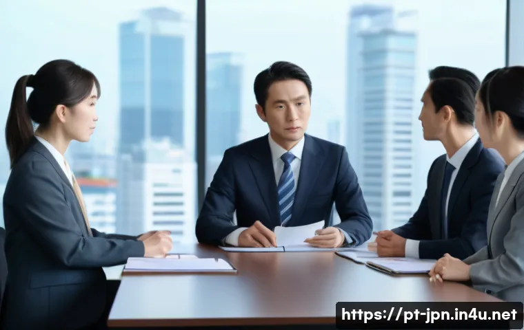 JLPT와 일본 내 글로벌 기업 취업 사례 - A professional Japanese corporate office scene depicting a diverse group of businesspeople in formal...