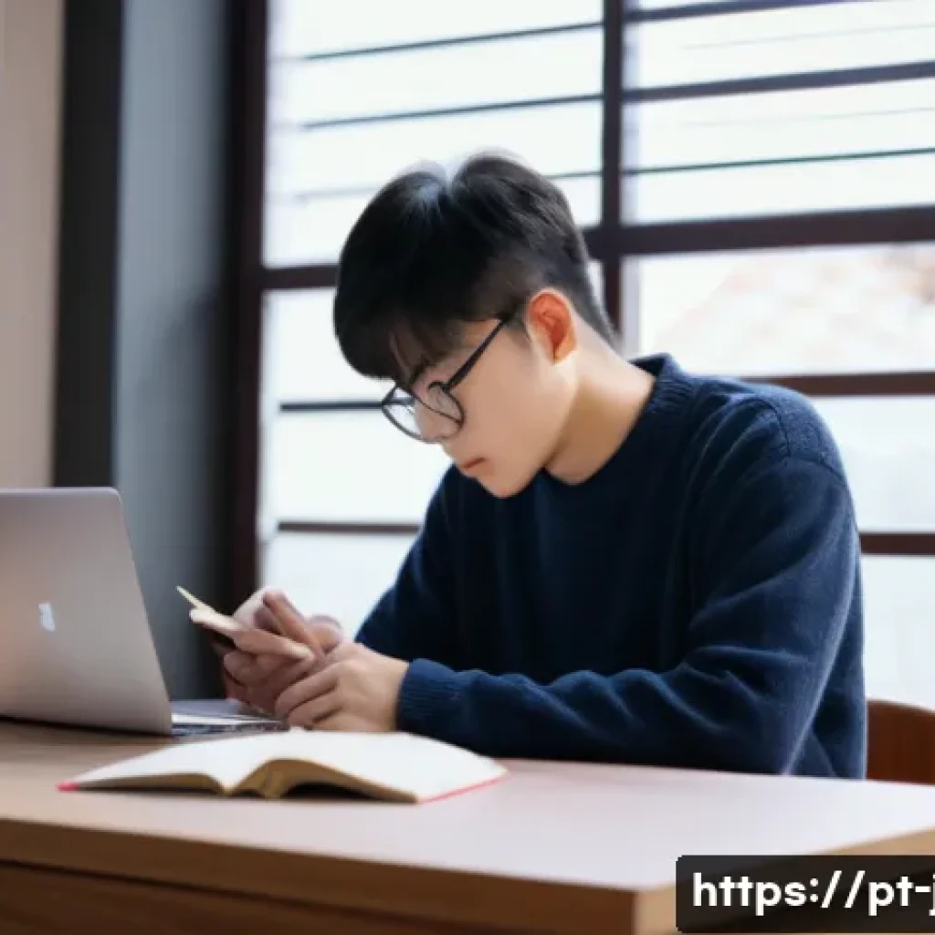 JLPT 시험 준비를 위한 추천 교재 - A cozy study room with a young adult student studying Japanese, surrounded by textbooks, notebooks, ...