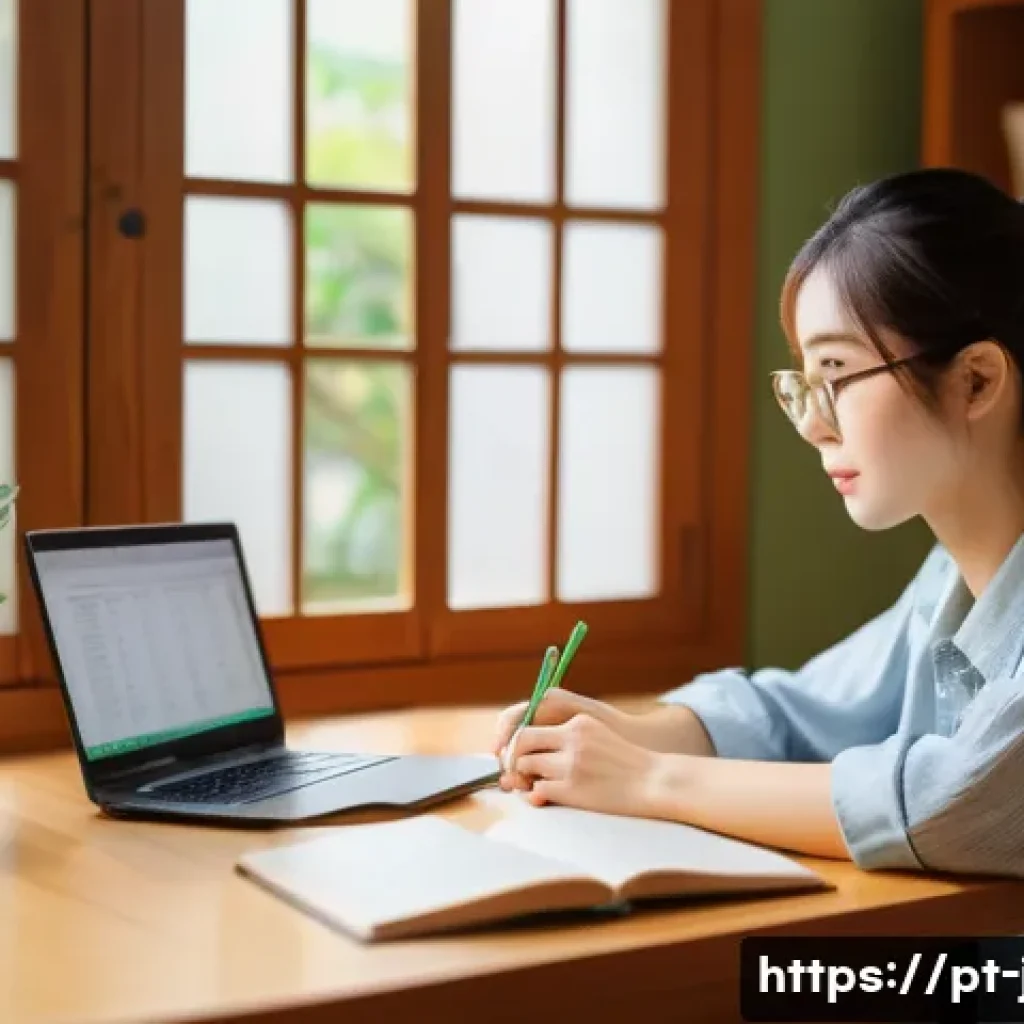 JLPT와 일본 내 인턴십 프로그램 - A focused study scene showing a young adult in a cozy home office setting, surrounded by Japanese la...