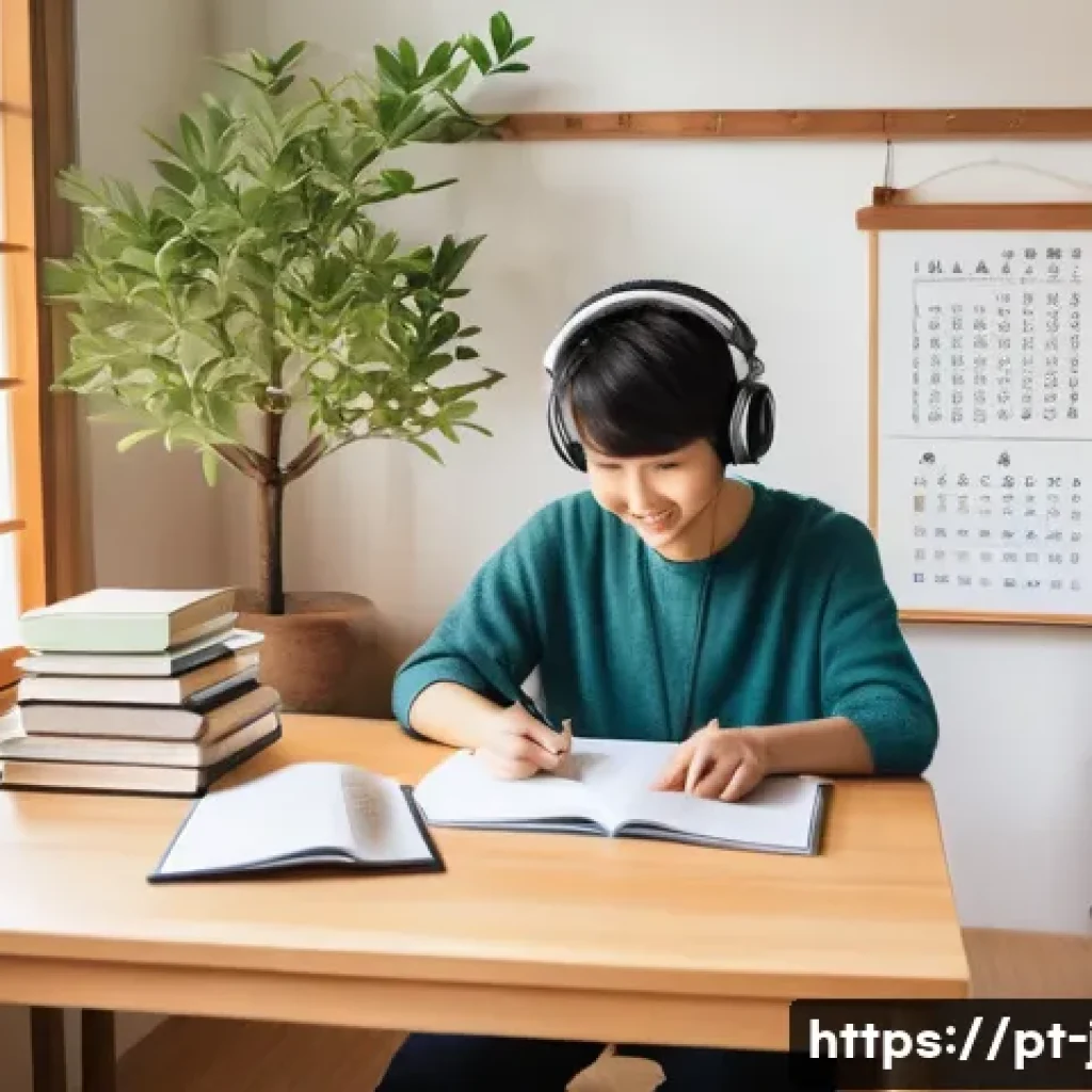 JLPT와 일본어 시험 응시자 성공 스토리 - A cozy and bright study room with a young adult sitting at a desk surrounded by Japanese learning ma...