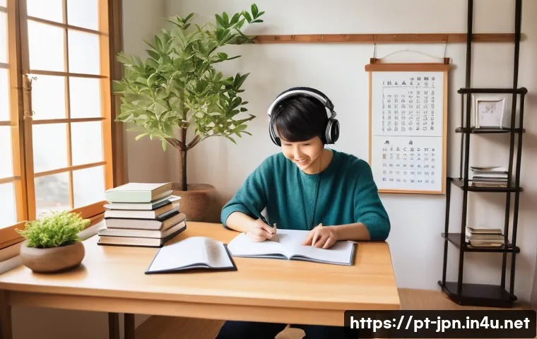 JLPT와 일본어 시험 응시자 성공 스토리 - A cozy and bright study room with a young adult sitting at a desk surrounded by Japanese learning ma...