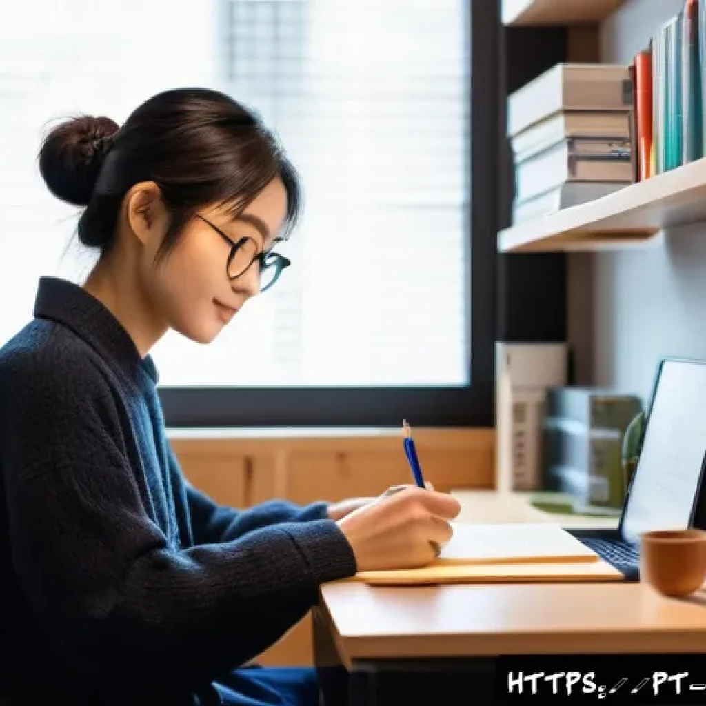 JLPT 시험 후 공부 방향 설정 - A cozy modern home office scene with a young adult studying Japanese. The desk is neatly organized w...