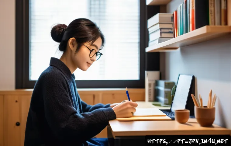 JLPT 시험 후 공부 방향 설정 - A cozy modern home office scene with a young adult studying Japanese. The desk is neatly organized w...