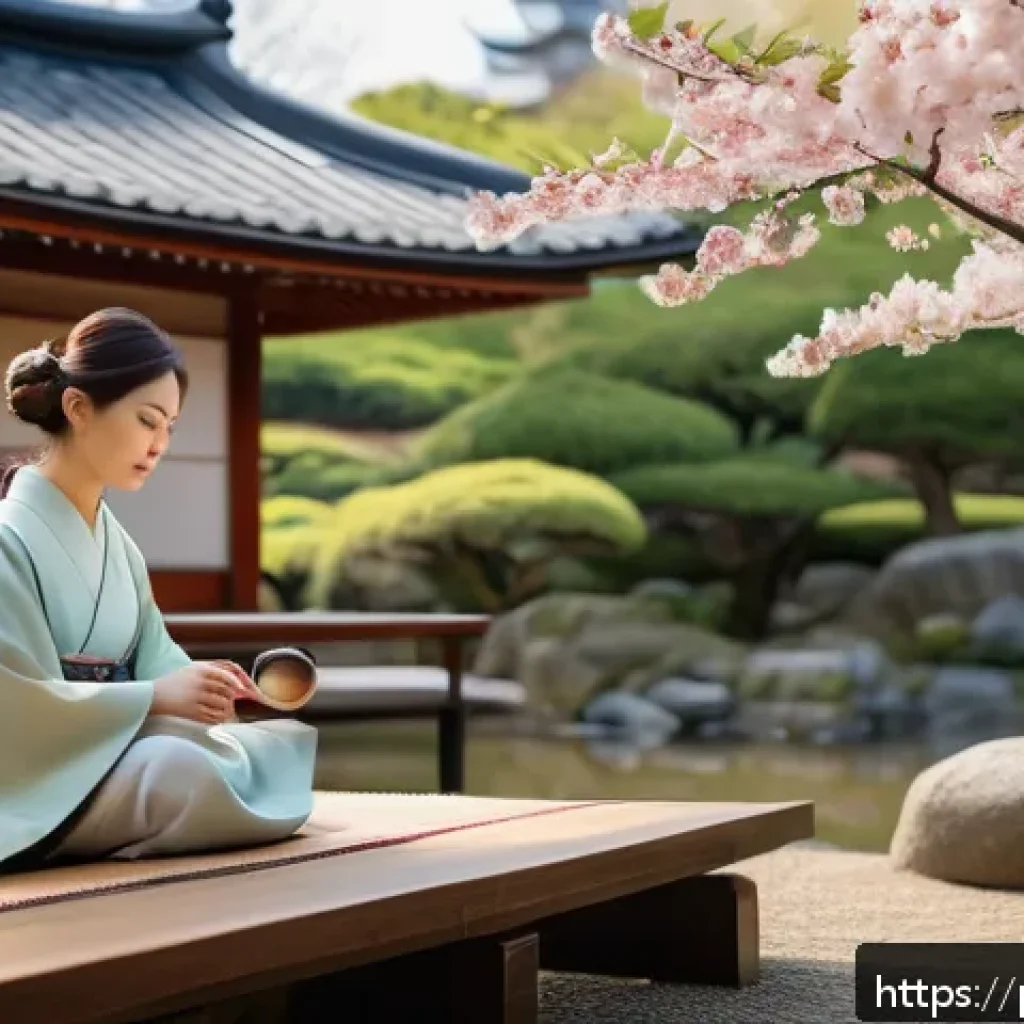 JLPT와 일본어 시험과 문화 체험 프로그램 - A young adult Portuguese learner attending a traditional Japanese tea ceremony outdoors in a serene ...