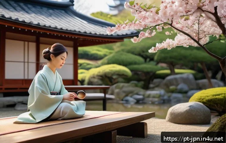 JLPT와 일본어 시험과 문화 체험 프로그램 - A young adult Portuguese learner attending a traditional Japanese tea ceremony outdoors in a serene ...