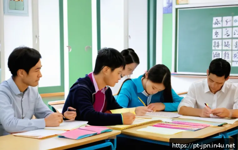 JLPT 자격증과 일본 사회학 연계 연구 - A diverse group of adult students in a bright, modern classroom setting, attentively studying Japane...