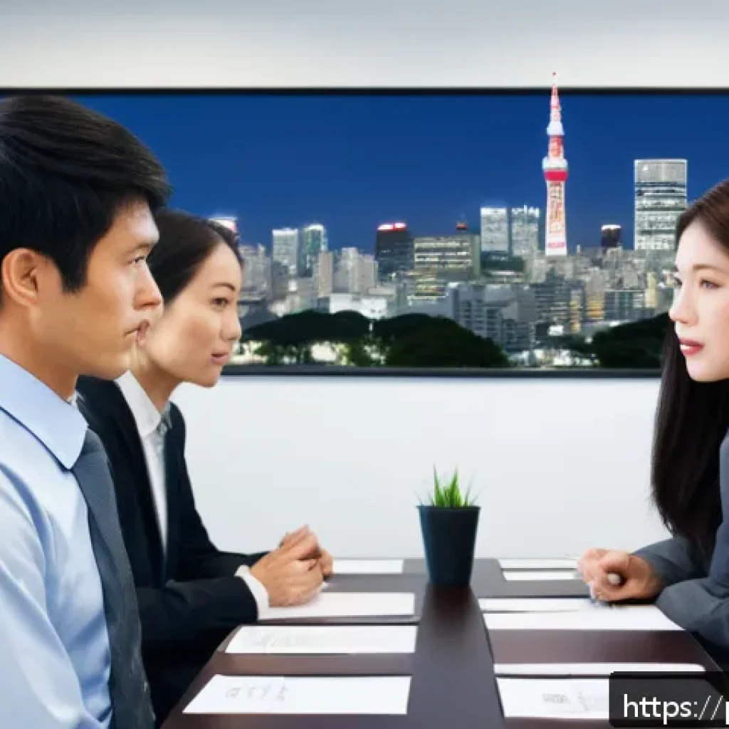 JLPT와 일본 내 자격증과의 연계성 - A professional Japanese office scene showing a diverse group of employees in business attire engaged...