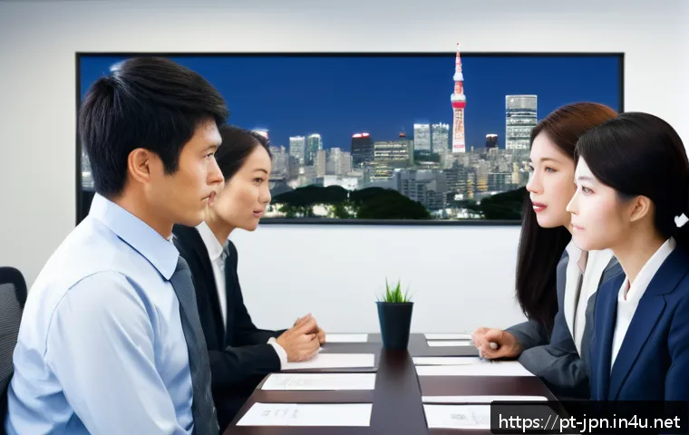 JLPT와 일본 내 자격증과의 연계성 - A professional Japanese office scene showing a diverse group of employees in business attire engaged...