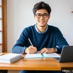 JLPT와 일본 비즈니스 문화 - A professional Brazilian man studying Japanese at home, surrounded by JLPT textbooks, flashcards, an...