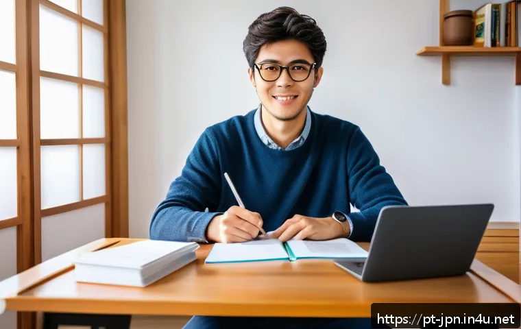 JLPT와 일본 비즈니스 문화 - A professional Brazilian man studying Japanese at home, surrounded by JLPT textbooks, flashcards, an...