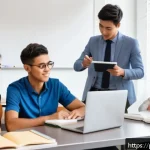 JLPT와 일본어 능력 평가 시험 비교 - A professional Brazilian office setting showing a diverse group of young adults preparing for Japane...