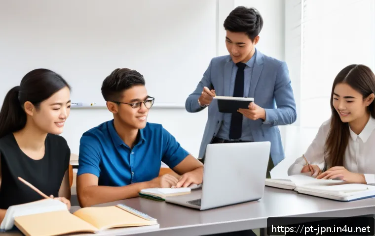 JLPT와 일본어 능력 평가 시험 비교 - A professional Brazilian office setting showing a diverse group of young adults preparing for Japane...