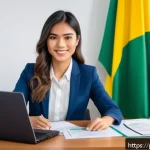 JLPT와 비즈니스 일본어 시험의 차이 - A professional Brazilian office scene depicting a young adult woman dressed in smart business attire...