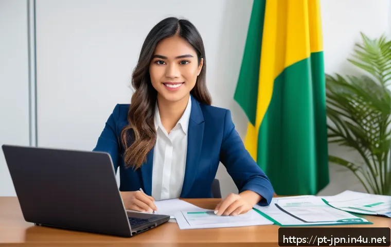 JLPT와 비즈니스 일본어 시험의 차이 - A professional Brazilian office scene depicting a young adult woman dressed in smart business attire...