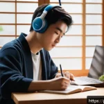 JLPT와 일본어 교육 연구 프로젝트 - A focused young adult studying Japanese at a cozy, modern home desk filled with textbooks, a laptop ...