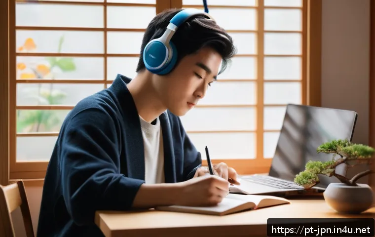 JLPT와 일본어 교육 연구 프로젝트 - A focused young adult studying Japanese at a cozy, modern home desk filled with textbooks, a laptop ...