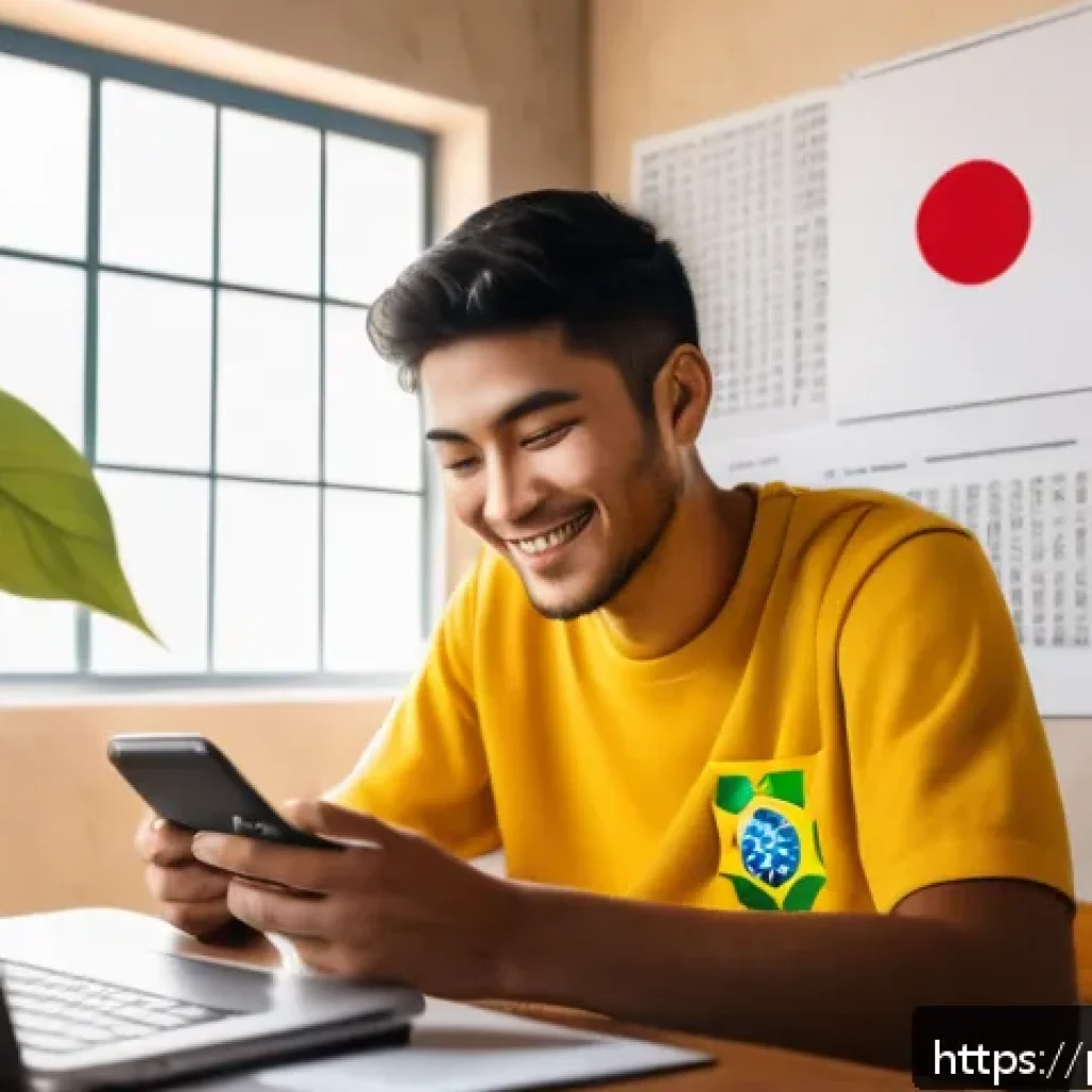 JLPT 단어 암기 효과적인 방법 - A cozy modern Brazilian living room with a young adult studying Japanese, surrounded by technology: ...