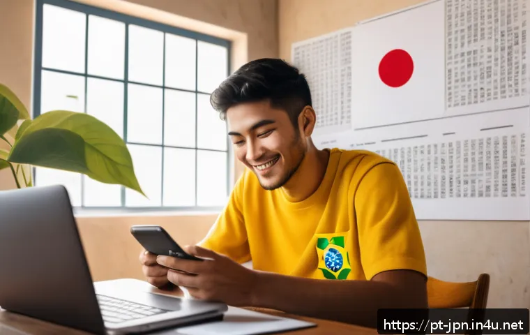 JLPT 단어 암기 효과적인 방법 - A cozy modern Brazilian living room with a young adult studying Japanese, surrounded by technology: ...