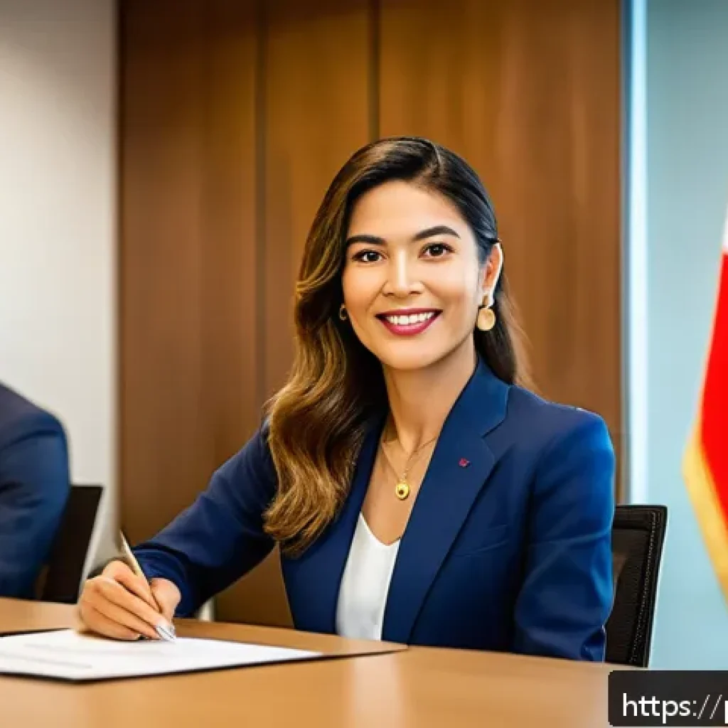 JLPT 자격증 활용 가능한 직업 - A professional Brazilian businesswoman confidently presenting in a modern multinational corporate me...