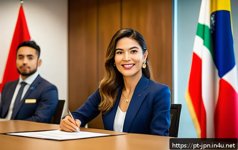 JLPT 자격증 활용 가능한 직업 - A professional Brazilian businesswoman confidently presenting in a modern multinational corporate me...
